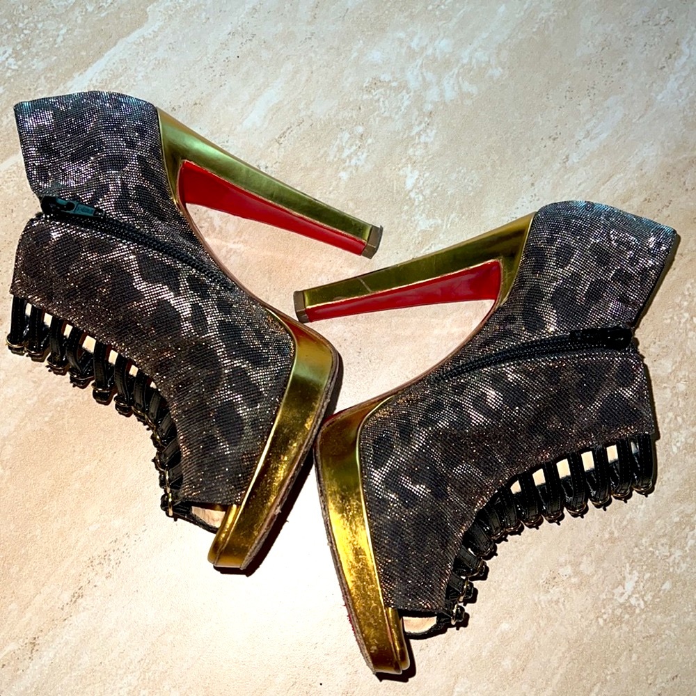 Metallic Leopard Print Lurex Fabric Manon Peep Toe Ankle Booties Sz 38